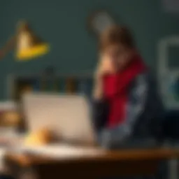 A law student sitting at a desk with a laptop, looking worried after receiving a ban notification. Papers and books are scattered around, adding to the tense atmosphere.