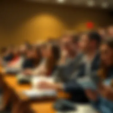 A group of law students attending a lecture, focused on the professor and notebooks, with laptops and phones put away