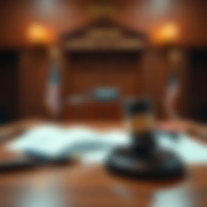 A courtroom with a gavel and legal documents related to a lawsuit concerning chatbot harm against OpenAI's ChatGPT