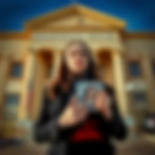 Lawsuit Over Childhood Photo A woman stands in front of a courthouse holding a childhood photo, looking distressed about its misuse.