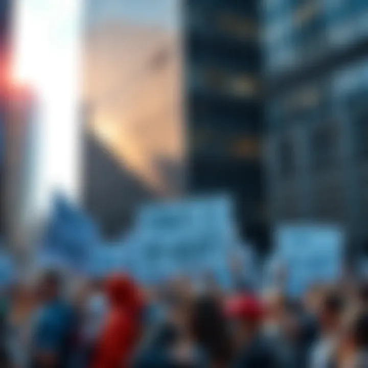 Protesters holding signs against voice theft by tech companies, with a backdrop of office buildings, symbolizing the legal battle over AI voice technology.