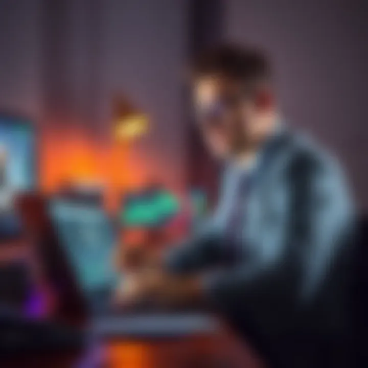 A 44-year-old lawyer sitting at a desk, programming on a laptop with game design tools open, illustrating his journey into game development.