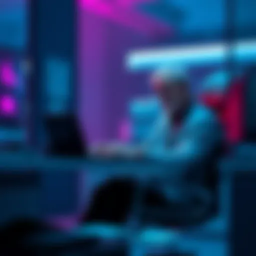A 44-year-old lawyer sitting at a desk with a laptop, working on game development in their free time