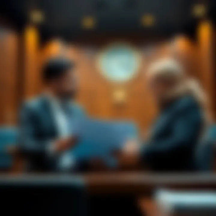 Two lawyers discussing legal documents during a claim construction hearing in a courtroom