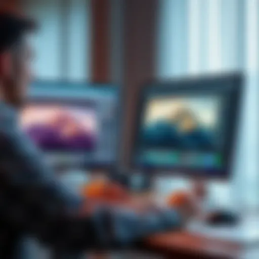 A person using a computer software to transform a low dynamic range image into a high dynamic range image, showcasing improved brightness and color details.