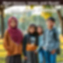 Leah stands with Amara, a girl in a hijab, Imara, an Indian girl, and her half-brother Ryuki, all smiling together in a park.