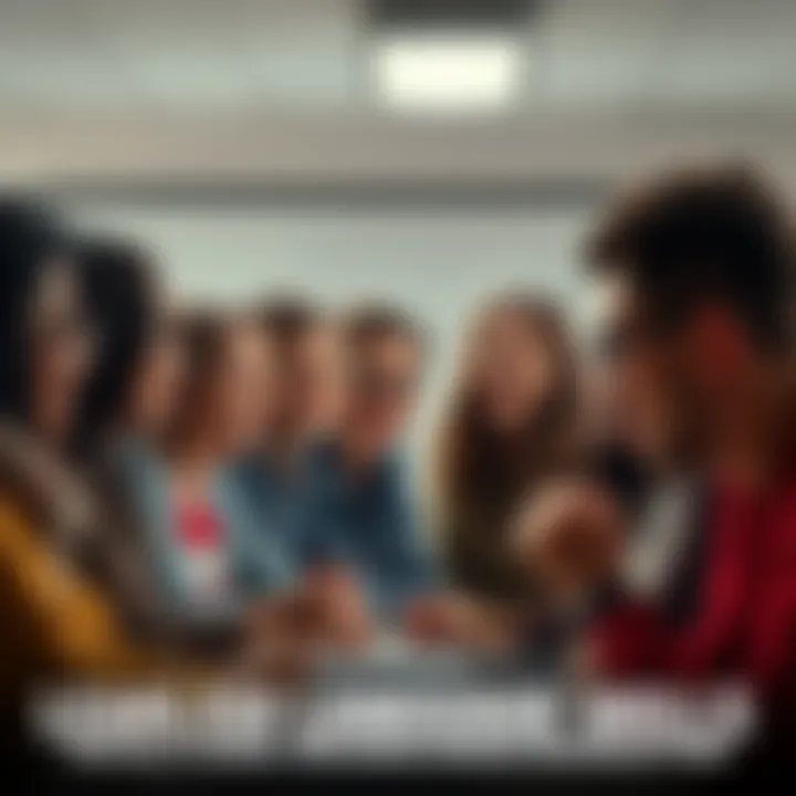 A diverse group of people practicing English together in a bright classroom, smiling and engaged in conversation.