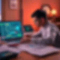 A person studying AI fundamentals with a laptop, notes, and diagrams on a desk