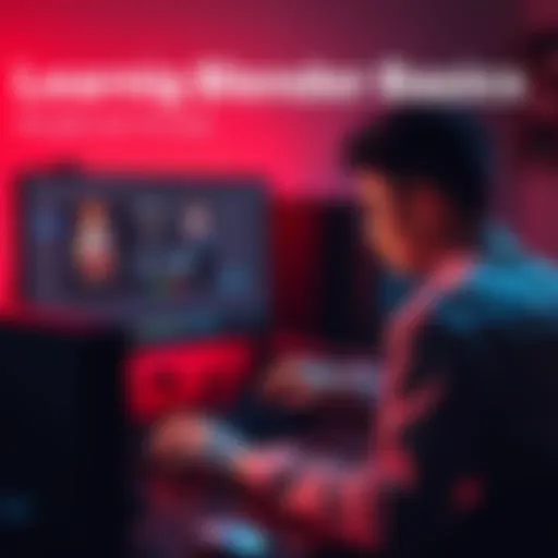 A beginner working on character modeling in Blender, with a computer screen displaying the software interface and 3D character graphics.