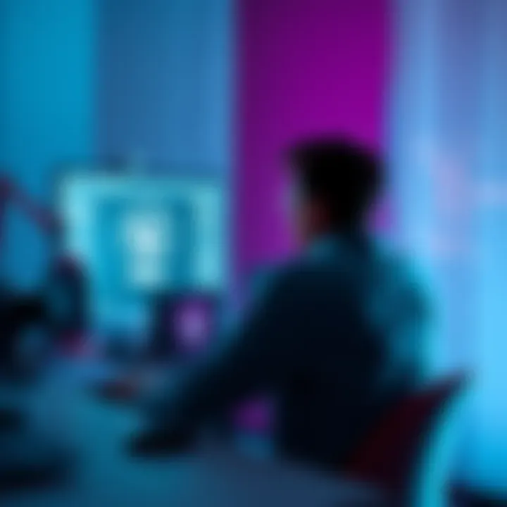 A person sitting at a desk with a computer screen showing Unreal Engine interface, contemplating whether to learn Blueprints or C++ for game development.