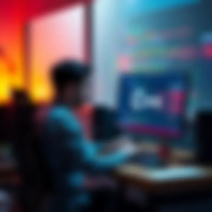 A person sitting at a desk, looking at a computer screen with C++ code and Unreal Engine graphics visible