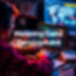 Learning Game Development A person working on a laptop, creating a video game with colorful graphics on the screen, surrounded by game design books and notes.