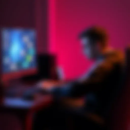 A young adult sitting at a desk with a laptop, focused on coding for game development. Various game design elements are visible on the screen.