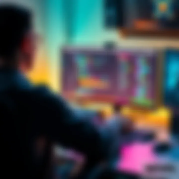 Person learning Godot Engine A person sits at a computer, exploring the Godot Engine interface with coding and game design elements visible on the screen.