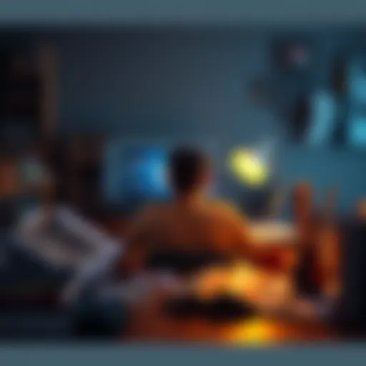 Person sitting at a desk with a laptop open to Unreal Engine 5 interface, surrounded by game design books and notes