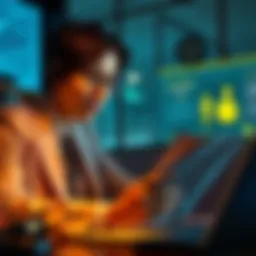 A lawyer looking concerned while reviewing documents with an AI interface showing court rulings