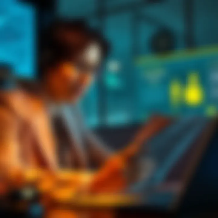 A lawyer looking concerned while reviewing documents with an AI interface showing court rulings