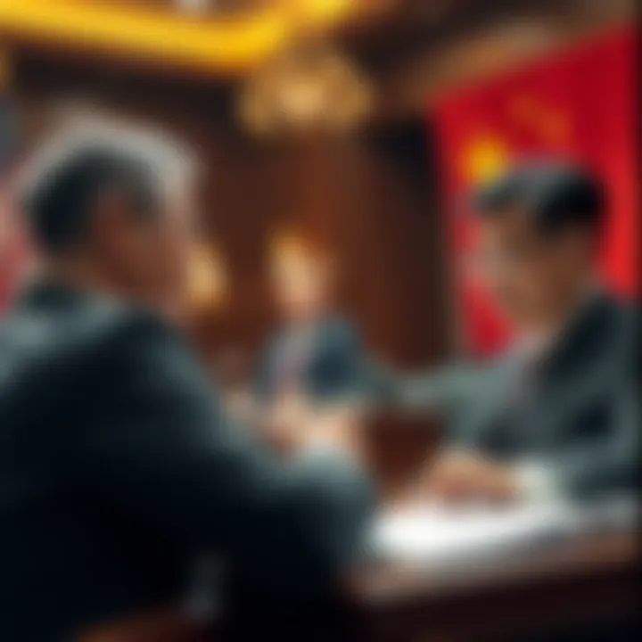 A courtroom scene with lawyers discussing a complex case involving engineering issues related to China and the United States.