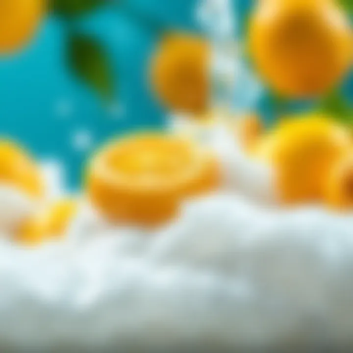 A bright and lively scene from a lemon soap commercial featuring fresh lemons and bubbly soap, conveying a sense of cleanliness and joy.