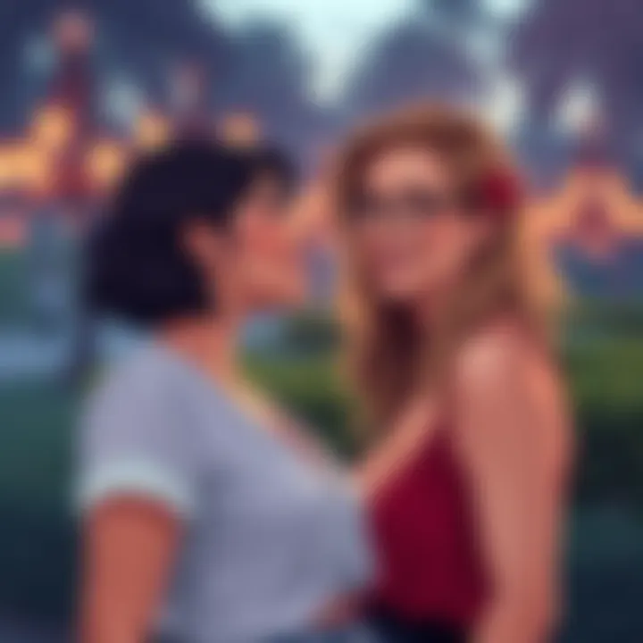 A woman smiling while looking at another woman in a serene park setting, symbolizing love and identity.