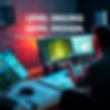 A person working on a game level design on a computer, with sketches and plans visible on the desk.