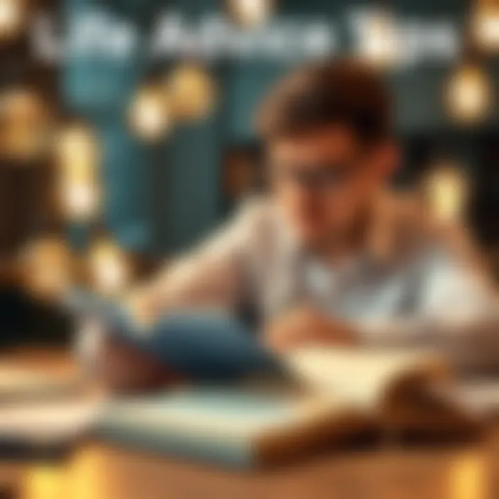 A person reading a book with a notebook and pen, surrounded by lightbulbs to symbolize ideas and advice.