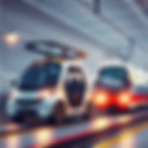 An illustration of a car and train with lift roofs in an urban setting, featuring transparent glass domes and protective bug screens.