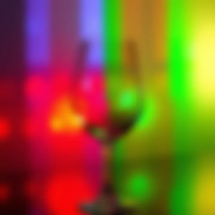 A wine glass with light passing through it, showing colorful reflections and bending light patterns.
