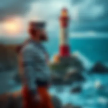 A fictional lighthouse keeper named Elias Thorne stands beside a tall lighthouse overlooking a stormy sea, with waves crashing against rocks. He wears a classic sailor outfit and gazes into the distan...
