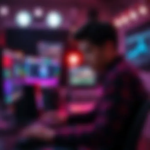 A junior lighting artist focusing on a digital project, illuminated by computer screens, showcasing vibrant color palettes and lighting techniques in a studio environment.