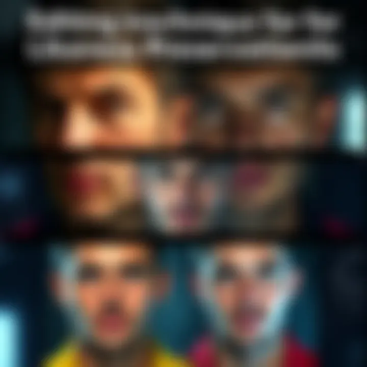 A graphic showing different images of a male character with consistent facial features during editing processes.