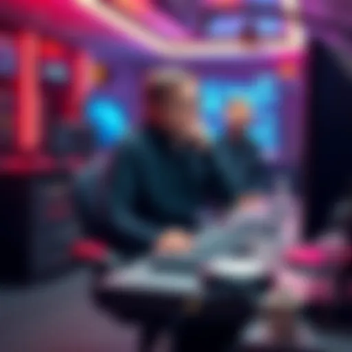 Linus Torvalds sitting at a computer desk, sharing his Linux vision with a group of people in a tech setting