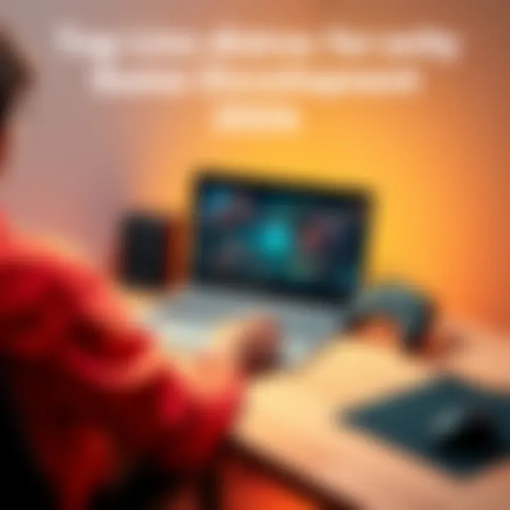 A person sitting at a desk with a laptop displaying Linux distros for Unity game development, with game graphics on the screen and gaming accessories on the table.