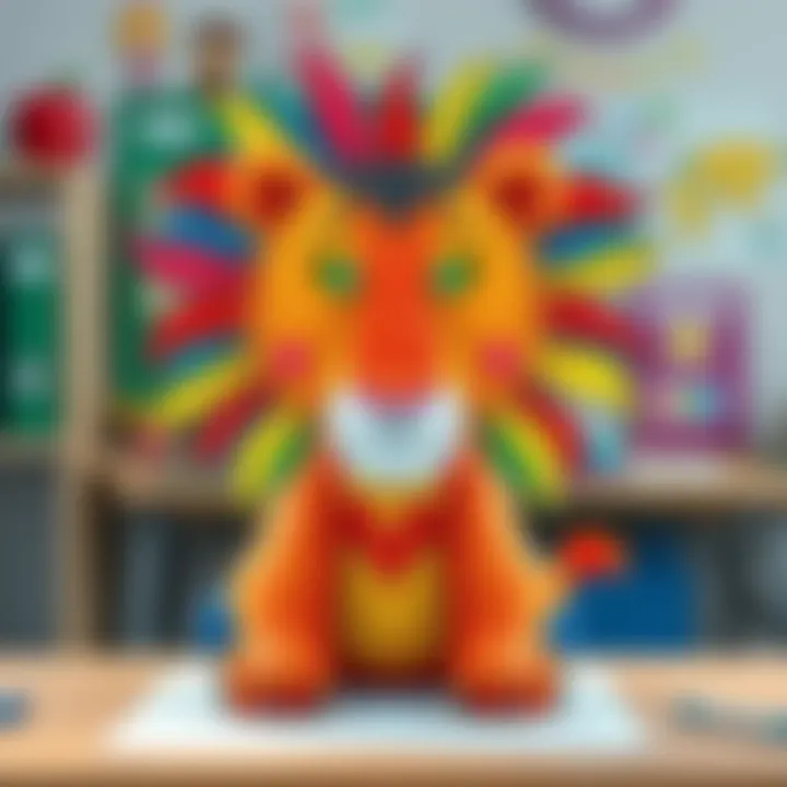 A colorful lion drawing created by a child, showcasing vibrant colors and unique lines, displayed on a classroom desk