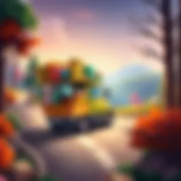 Little Truck Delivering Packages A small, overloaded truck driving through a cozy setting with trees and hills while carrying colorful packages.
