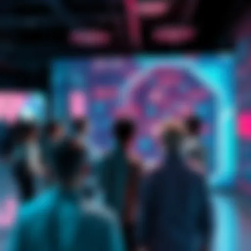 People gathered in a modern setting discussing AI technology and its future impact on society