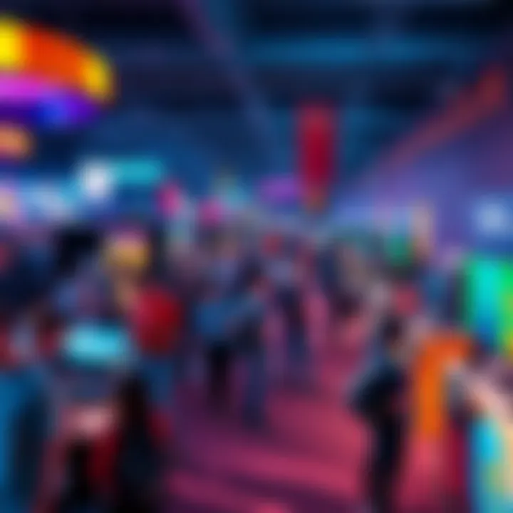 A vibrant scene of a live gaming event with people interacting, playing games, and networking at booths.