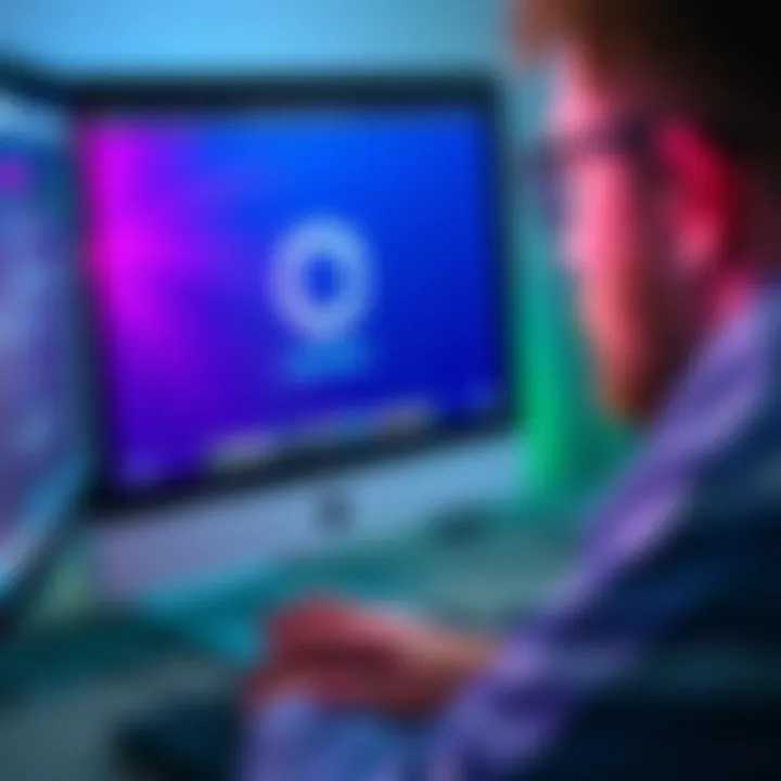 A person looking frustrated at a computer screen displaying a loading icon, indicating a delay in loading content.