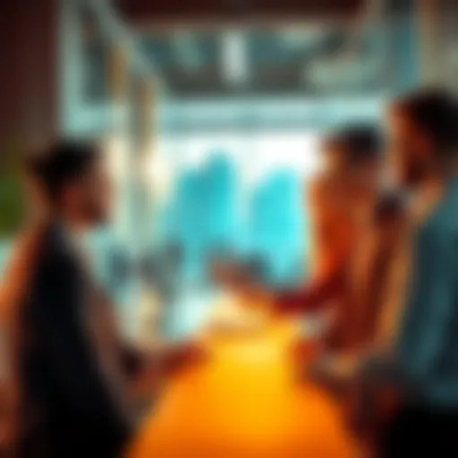 A team of professionals discussing AI tools with local business owners in a modern office setting.