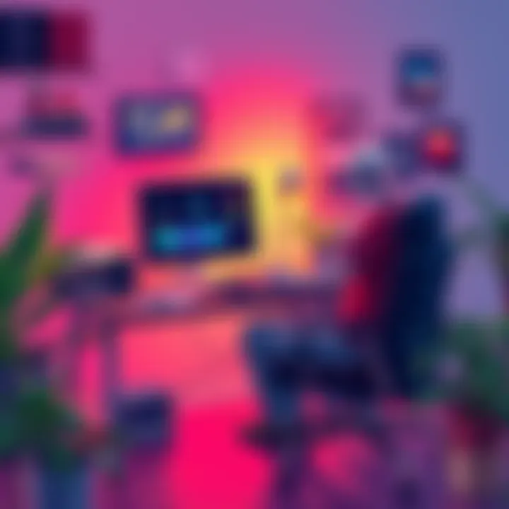 A person sitting at a desk, working on a laptop with a local AI interface on the screen, surrounded by books and plants, showing a friendly home environment.