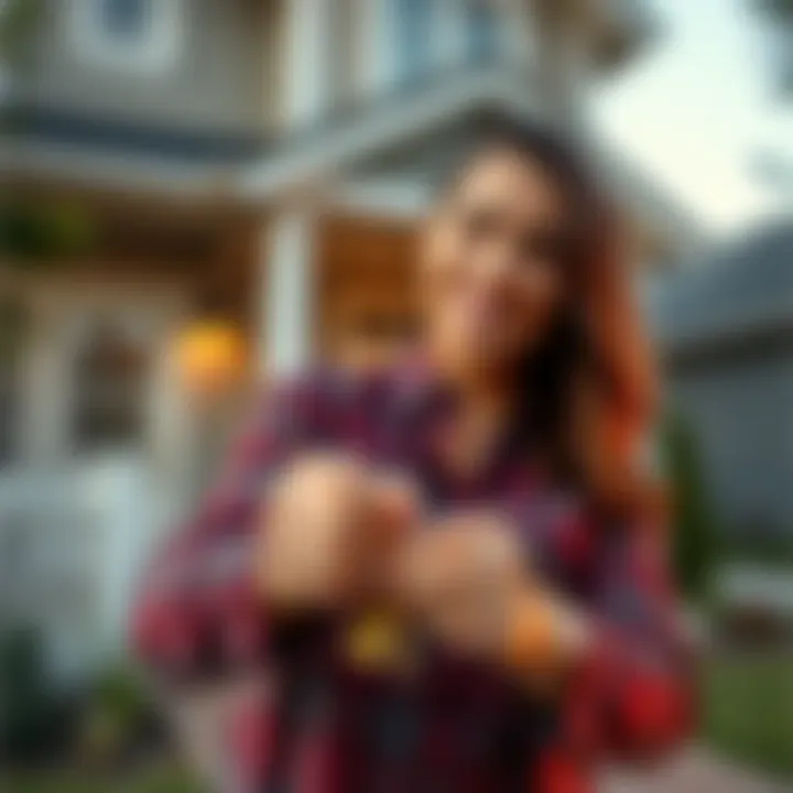 A cheerful local celebrity holding keys in front of their new home, smiling and celebrating their milestone