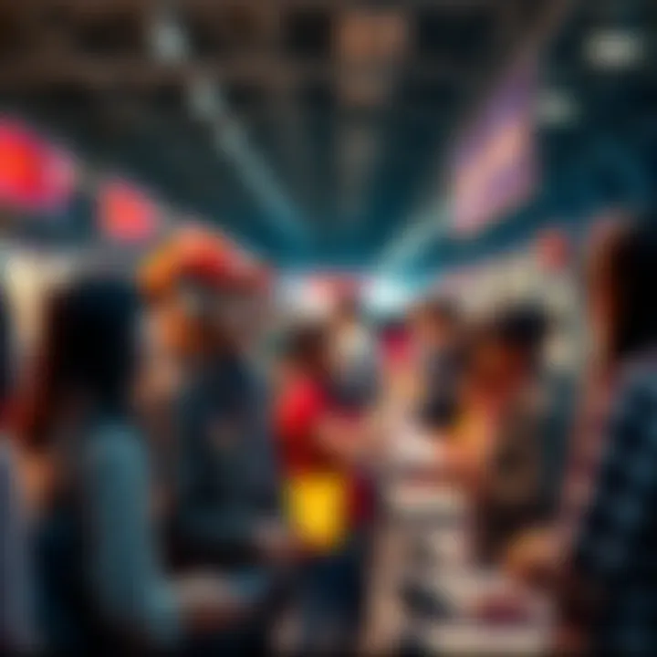 A diverse group of local commuters engaging at a job fair, discussing job opportunities with recruiters.