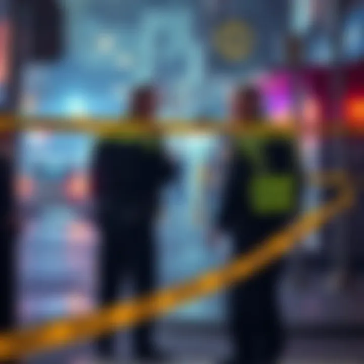 Police officers investigate a crime scene with caution tape and onlookers nearby