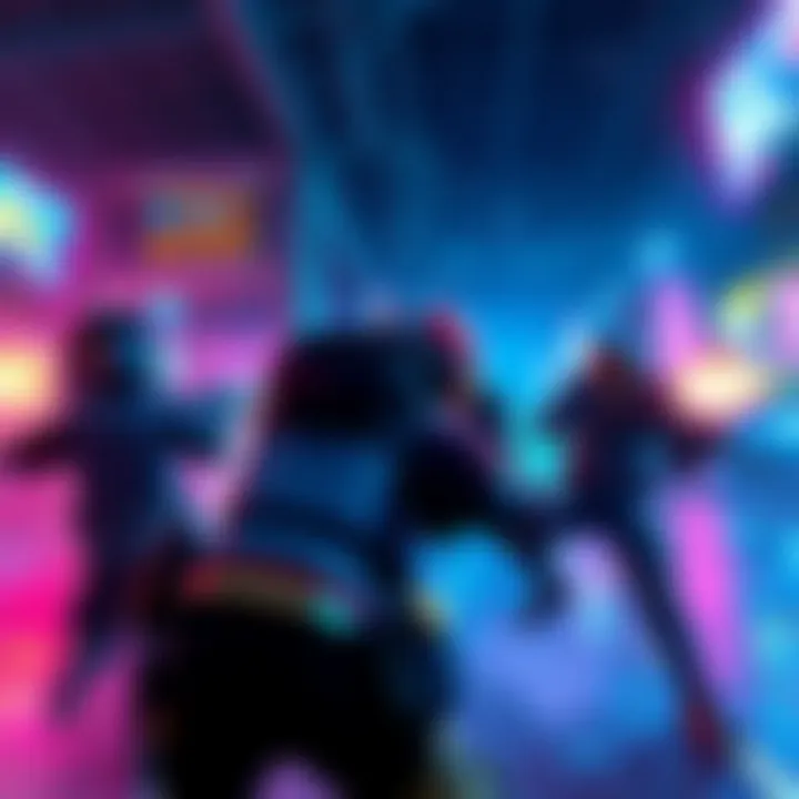 Two to four players in a colorful arena battling in a local PvP shooter game