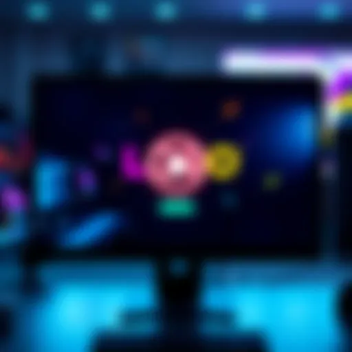 A computer screen displaying a colorful logo animation with a play button, representing the creative process of making client trailers.