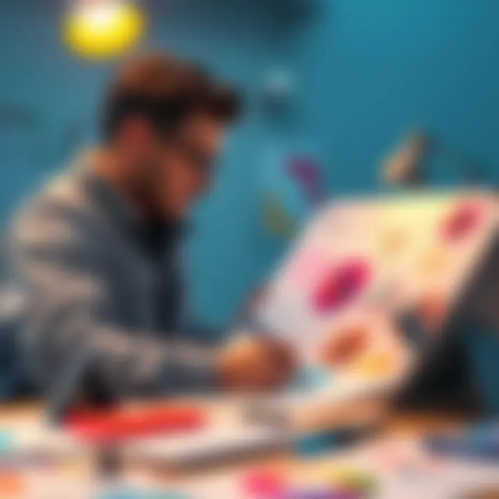 A designer working on a logo concept with colorful sketches and digital tools