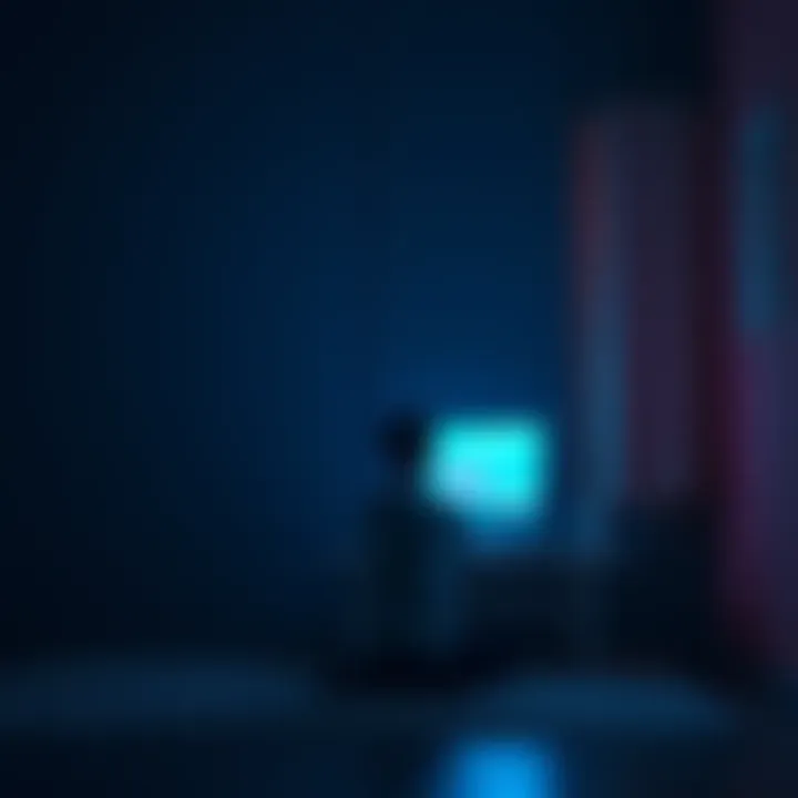 A person sitting alone in a dimly lit room, looking at a computer screen showing an AI chat interface, expressing sadness and frustration.