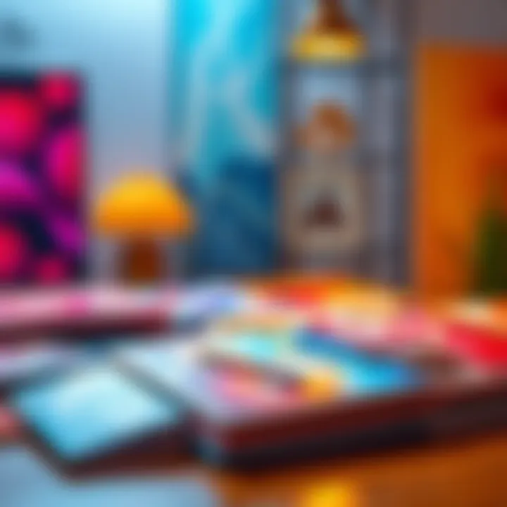 A variety of unique design samples from the new Lora collection displayed on a table, showcasing artistic colors and styles.