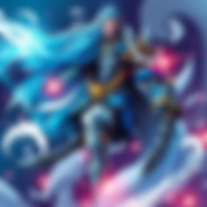 A powerful sea-themed character with flowing blue hair and ocean-inspired armor, surrounded by waves and sea creatures.