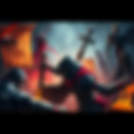 A dramatic scene depicting a character engaged in a conflict, surrounded by ancient scrolls and weapons, symbolizing the blend of lore and violence in narratives.